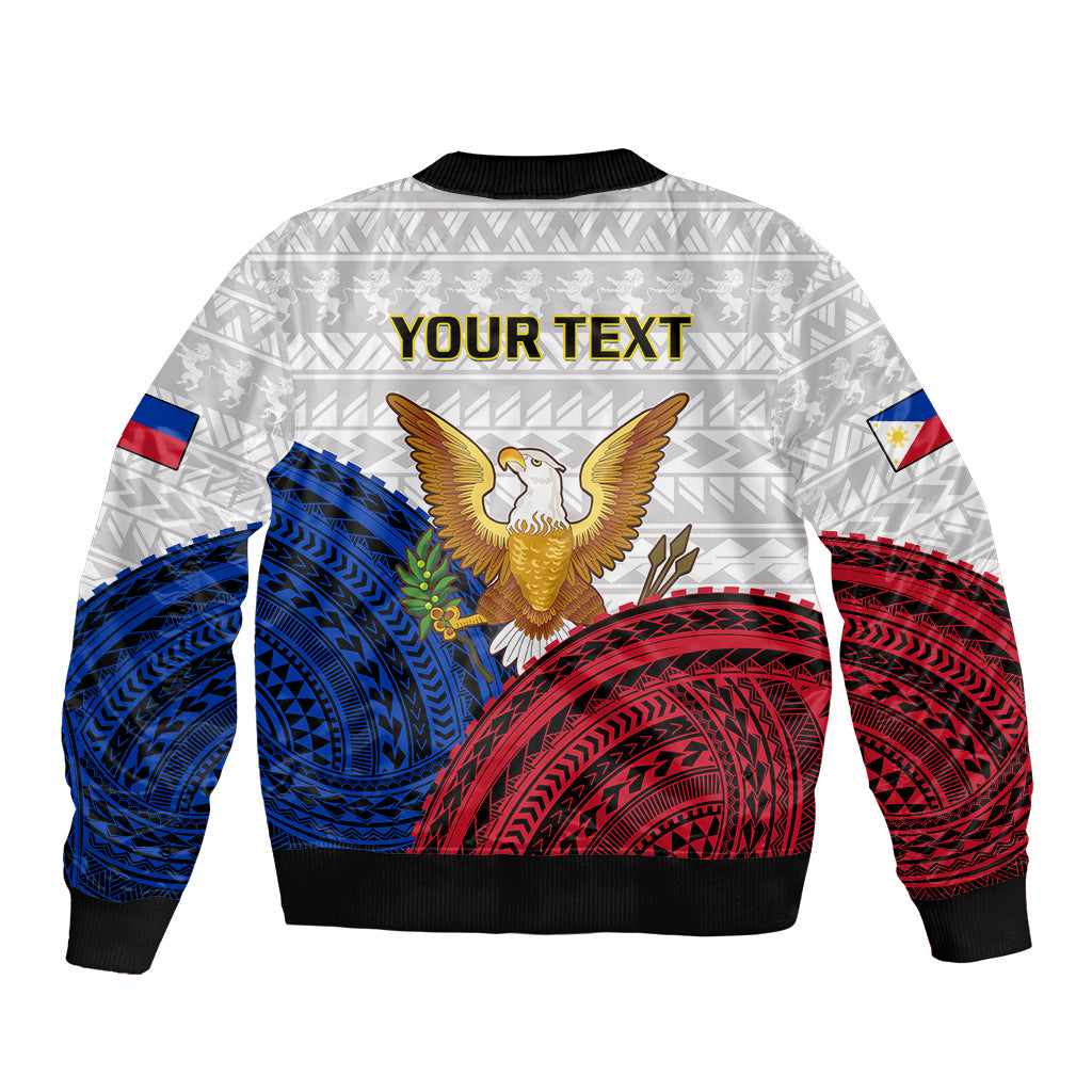 White bomber jacket with black ribbed collar, back 'YOUR TEXT' over eagle and tribal patterns