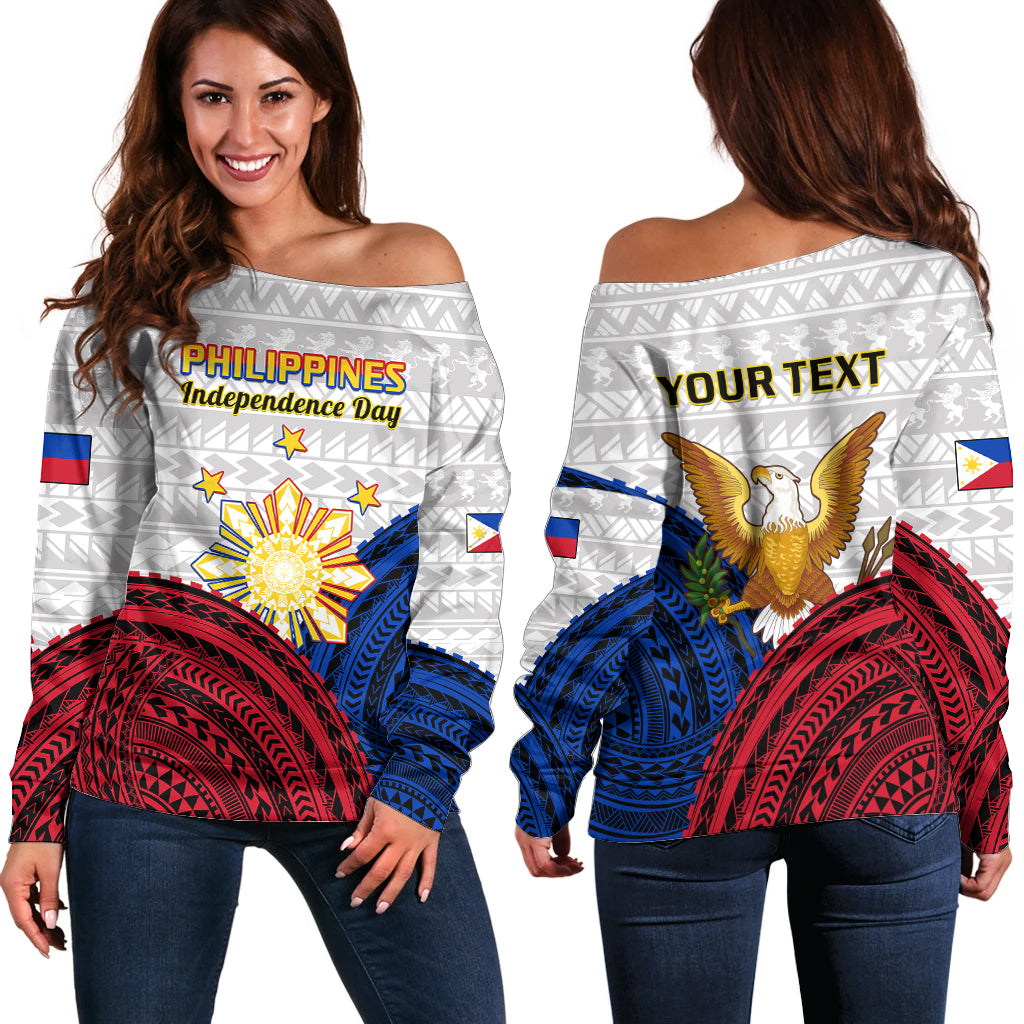 (Custom Personalised) Philippines Independence Day Off Shoulder Sweater Proud To Be Filipino Polynesian Pattern - Wonder Print Shop