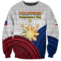 Gray sweatshirt with bold Philippines Independence Day graphic, stars, sunburst and patterned sleeves