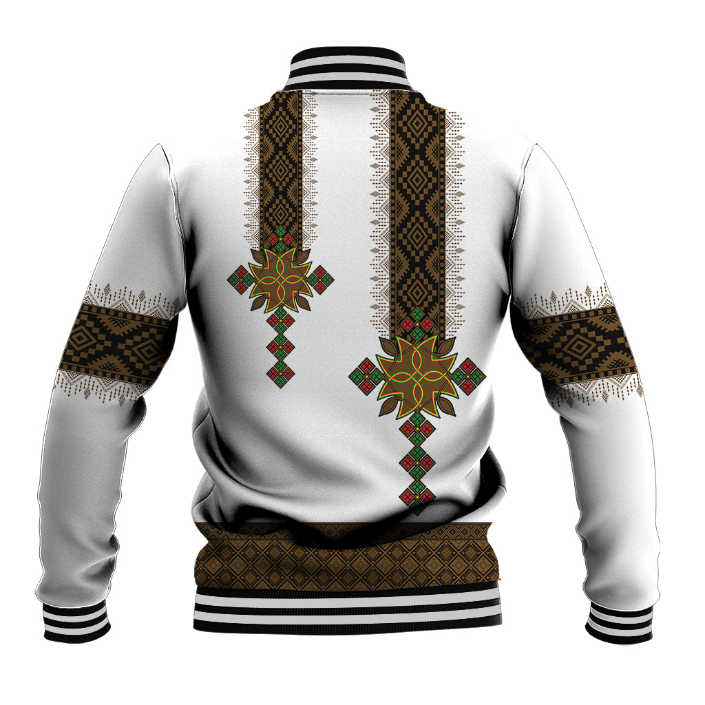 White baseball jacket back with Ethiopian pattern bands, ribbed striped collar and hem
