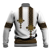 White baseball jacket back with Ethiopian pattern bands, ribbed striped collar and hem