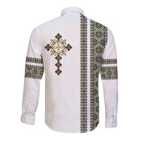 Unisex long-sleeve button shirt, white with large cross motif and striped back panel