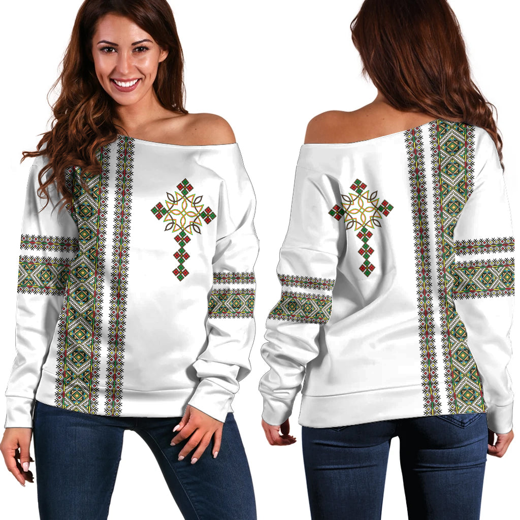 Ethiopia Off Shoulder Sweater Ethiopian Tilet With African Pattern Ver.02 - Wonder Print Shop