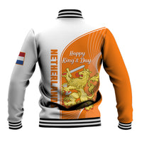 White/orange varsity baseball jacket with back graphic, striped hem and cuffs.