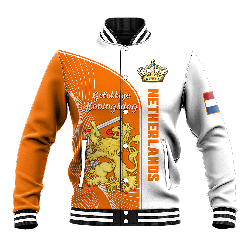 Orange and white baseball jacket with button front, ribbed collar, and crown graphic