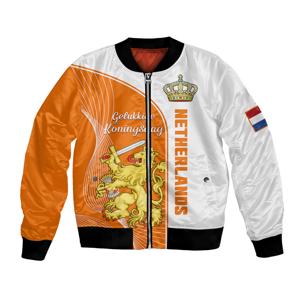 Unisex bomber jacket in white and orange with zipper, crown and lion graphic