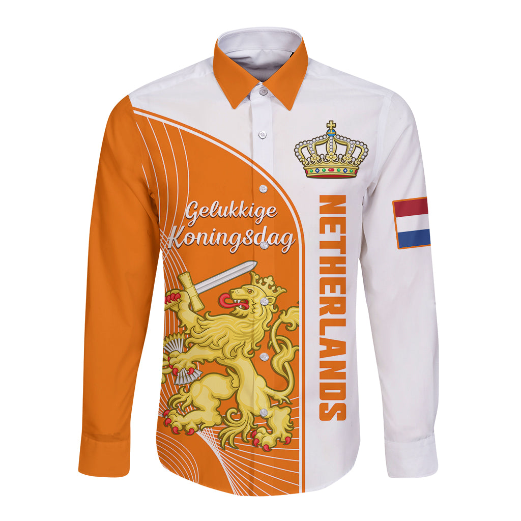 Long-sleeve button shirt, white and orange with crown and lion graphic, orange collar