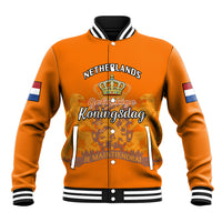 Orange baseball jacket with striped rib collar, sleeve flags, and front graphic lettering.