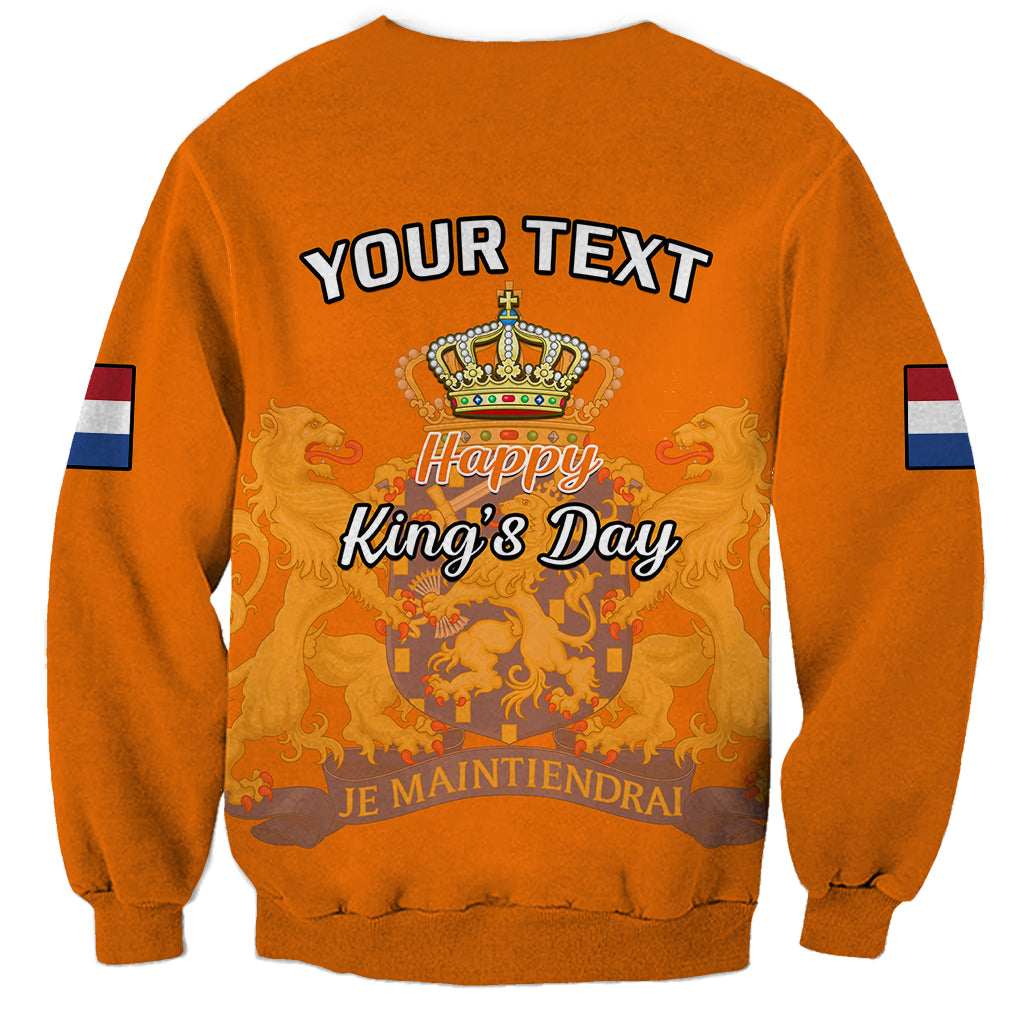 Orange crewneck sweatshirt back graphic: YOUR TEXT, Happy King’s Day, Je Maintendrai