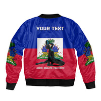 Blue and red bomber jacket with black rib hem, back print and eagle graphic, text