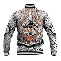 Baseball jacket, back view tribal print with white base and black ribbed hem cuffs