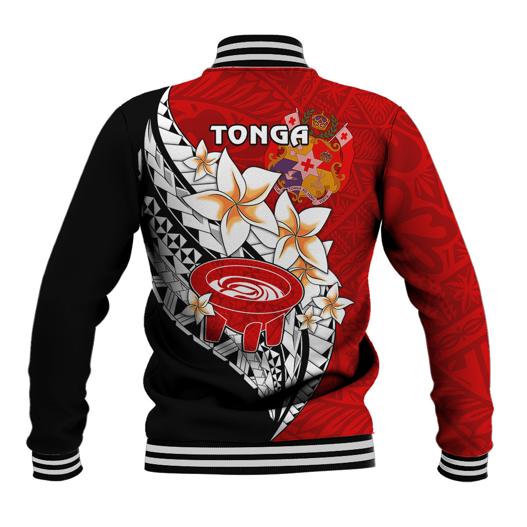 Red and black baseball jacket with large floral emblem graphic on the back and striped rib trim