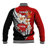 Red and black baseball jacket with large floral emblem graphic on the back and striped rib trim