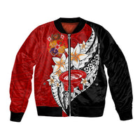 Unisex bomber jacket with front zip, red and black with bold floral geometric print