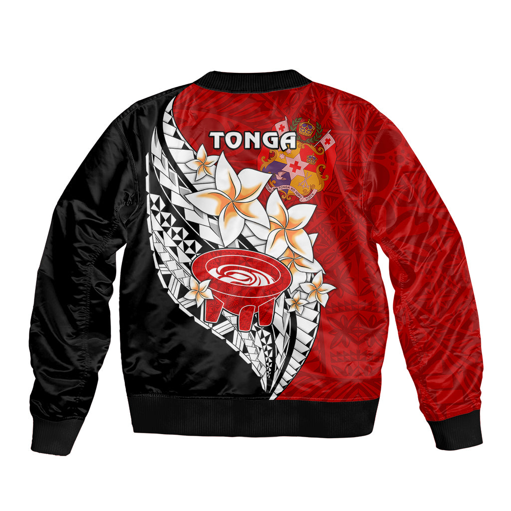 Bomber jacket back view in red and black with large tribal geometric floral graphic