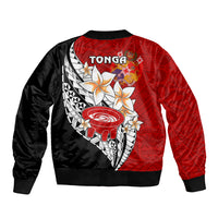 Bomber jacket back view in red and black with large tribal geometric floral graphic