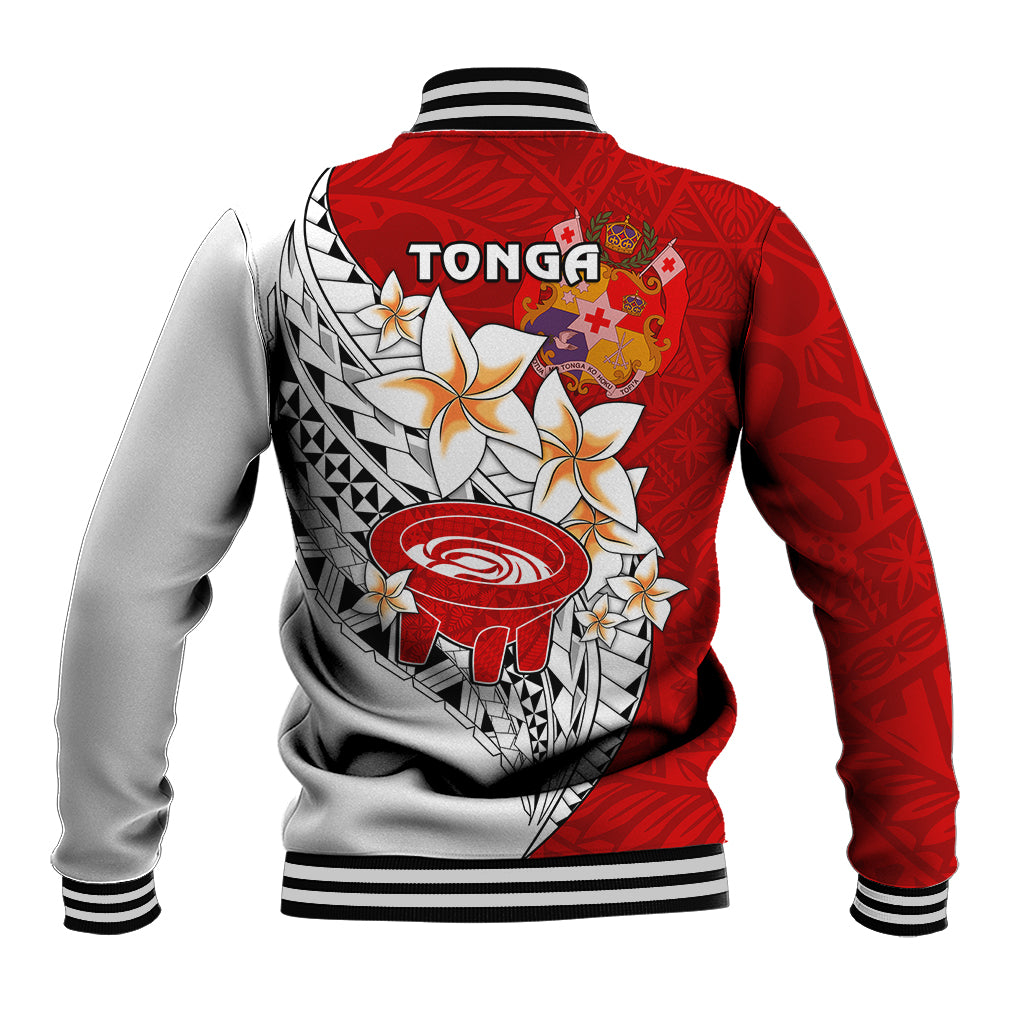 Red baseball jacket back with large kava bowl print and black/white striped hem