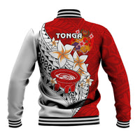 Red baseball jacket back with large kava bowl print and black/white striped hem