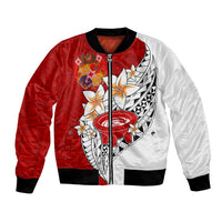 Red and white bomber jacket with full zipper, black ribbed collar, and floral kava graphic