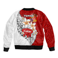 Bomber jacket back in red and white with 'TONGA' print and kava bowl floral design