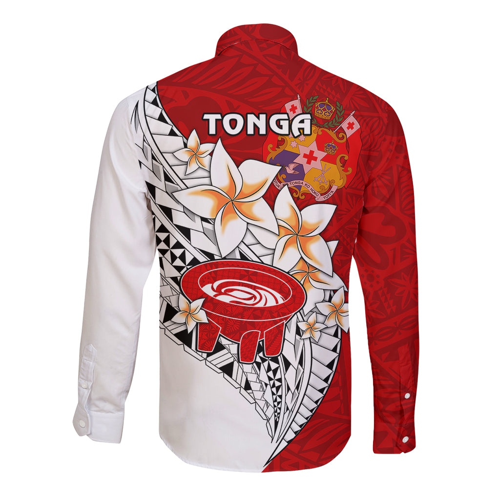 Unisex long-sleeve button shirt with red back, TONGA print, geometric trim, floral kava bowl.