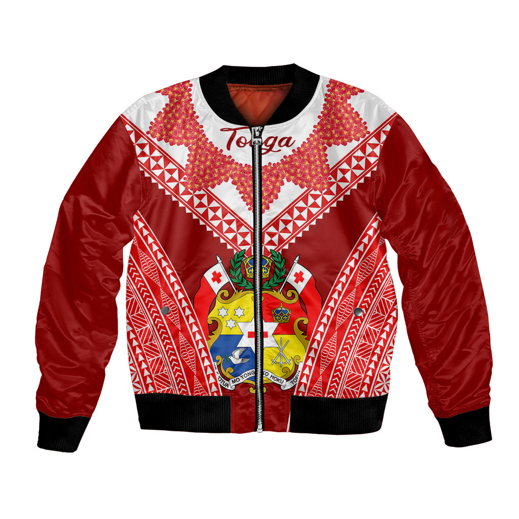 Red and white bomber jacket with black ribbed collar, zipper front, floral shoulder print