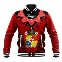 Red baseball jacket with black graphic, Tonga script, crest, and striped collar cuffs
