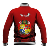 Red baseball jacket with Tonga script, back crest graphic, striped ribbed hem and cuffs