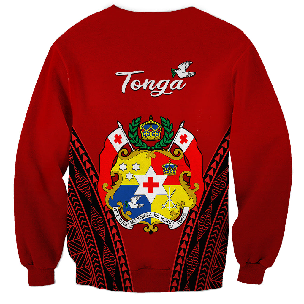 Unisex sweatshirt, red with Tonga script and crest emblem print on back