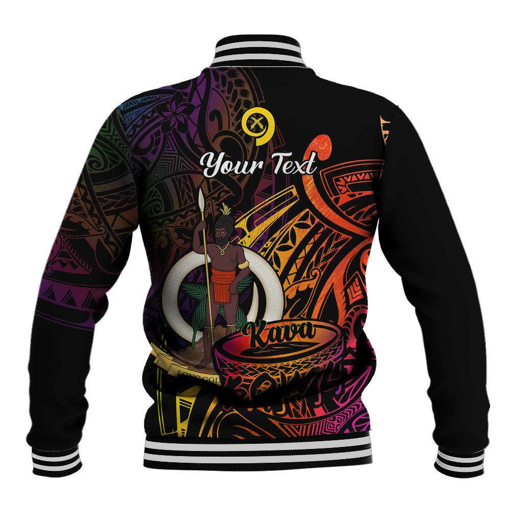 Black baseball jacket with striped collar and cuffs; back kava bowl design and Your Text.
