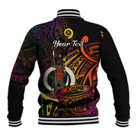Black baseball jacket with striped collar and cuffs; back kava bowl design and Your Text.