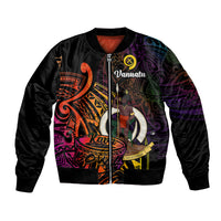 Black unisex bomber jacket with full-color Polynesian kava bowl front graphic and zipper