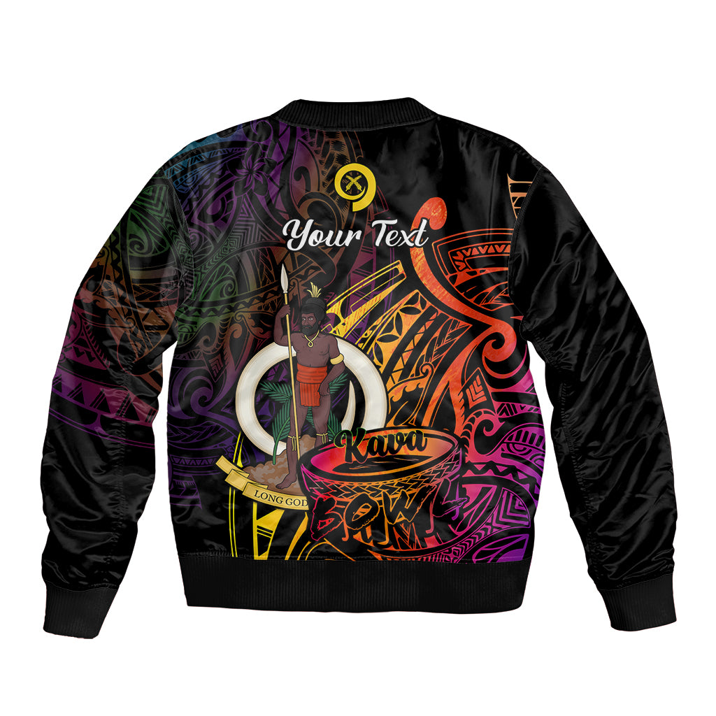 Black unisex bomber jacket with Polynesian kava bowl graphic, long text and ribbed hem