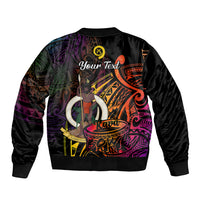 Black unisex bomber jacket with Polynesian kava bowl graphic, long text and ribbed hem