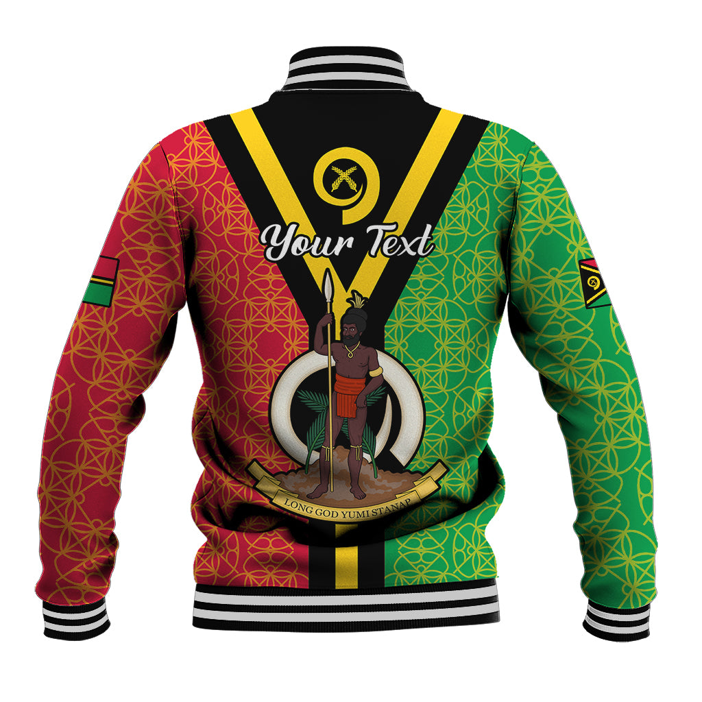 Unisex baseball jacket with Vanuatu text and kava illustration, green/red panels, striped cuffs