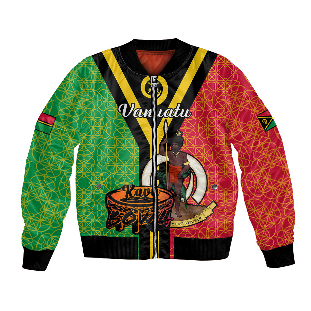Bomber jacket with Vanuatu text graphic, colorful panels, black ribbed collar and cuffs