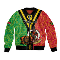 Bomber jacket with Vanuatu text graphic, colorful panels, black ribbed collar and cuffs