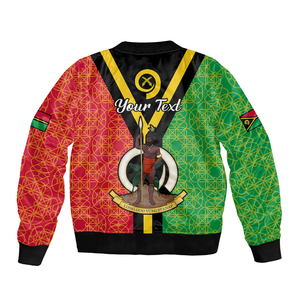 Bomber jacket with "Your Text" graphic, colorful panels, black ribbed collar and cuffs