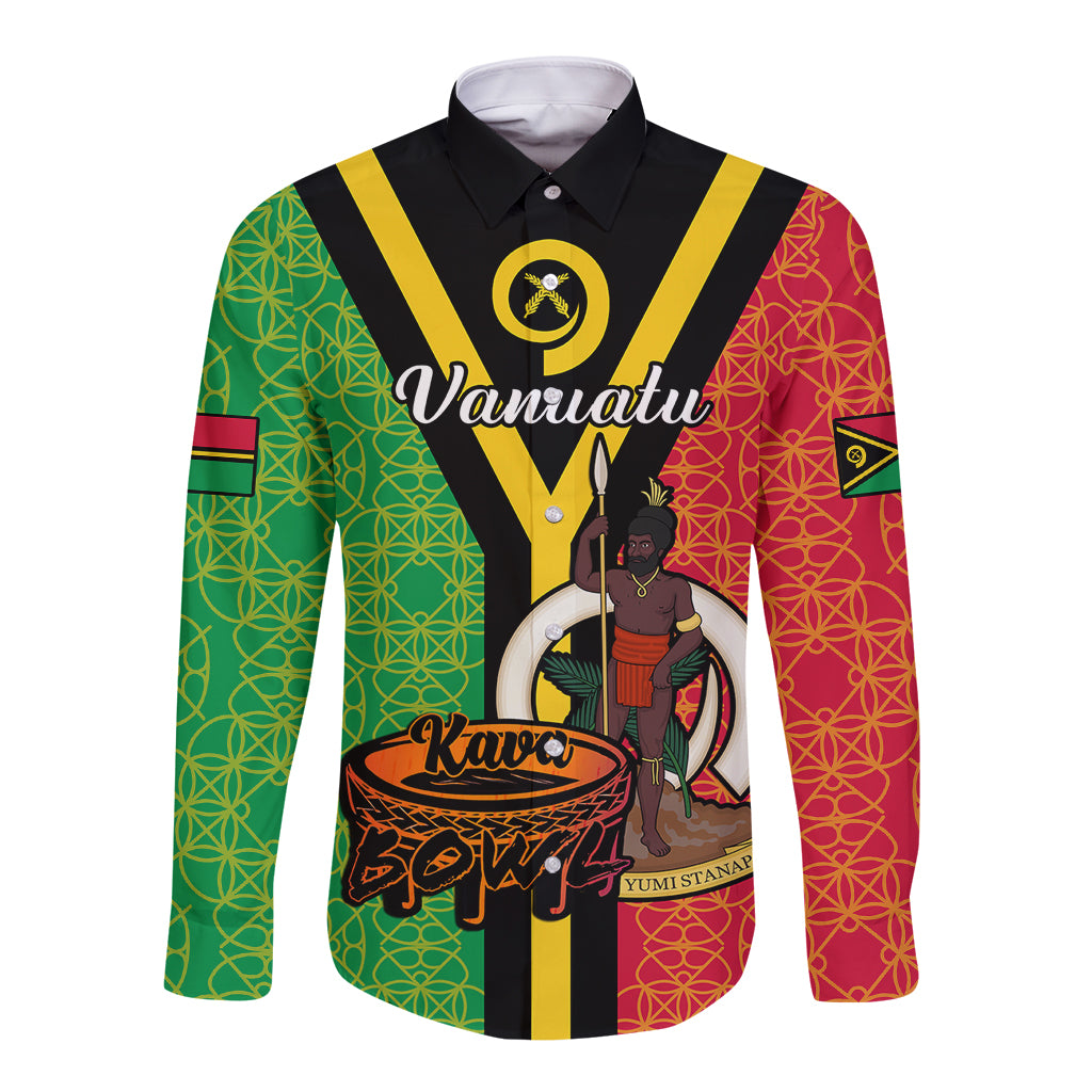 (Custom Personalised) Vanuatu Long Sleeve Button Shirt Kava Bowl Mix Sand Drawing Flag Style - Wonder Print Shop