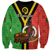 Black crewneck sweatshirt with multicolor geometric panels and kava bowl front print