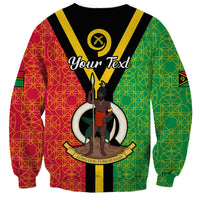 Black crewneck sweatshirt with Vanuatu emblem, Your Text, and central kava figure print