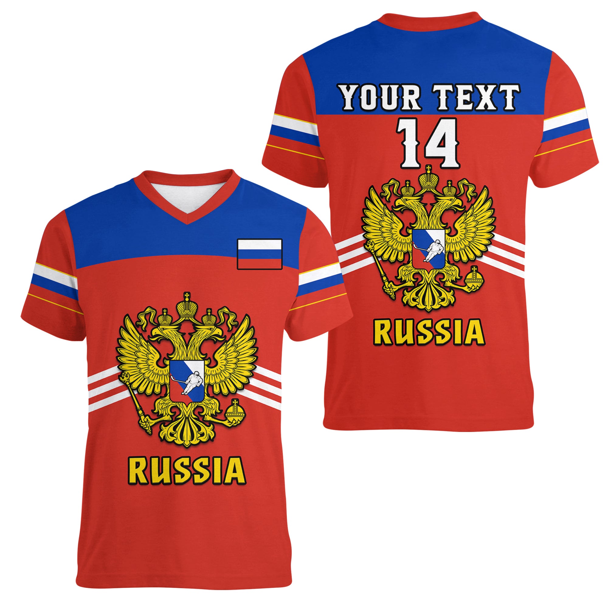 (Custom Text And Number) Russia Hockey 2023 Red Sporty Style Women V Neck T Shirt LT14