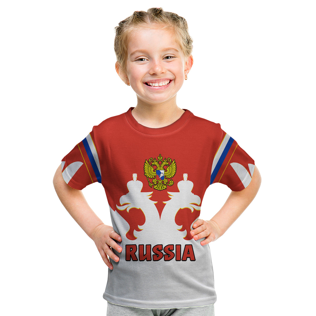 (Custom Text And Number) Russia Hockey 2023 White Sporty Style Kid T Shirt - Wonder Print Shop