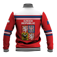 Red baseball jacket back with Czech Republic crest and striped ribbed hem, snap front