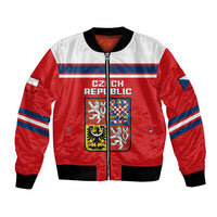 Red unisex bomber jacket with front zip, black ribbed collar, Czech Republic crest