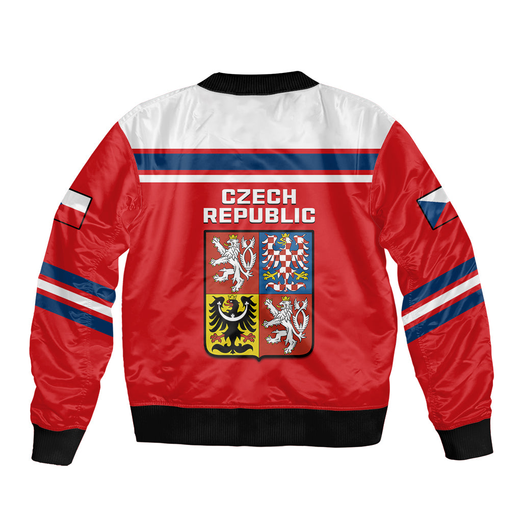 Red unisex bomber jacket with black ribbed hem and Czech Republic crest on back