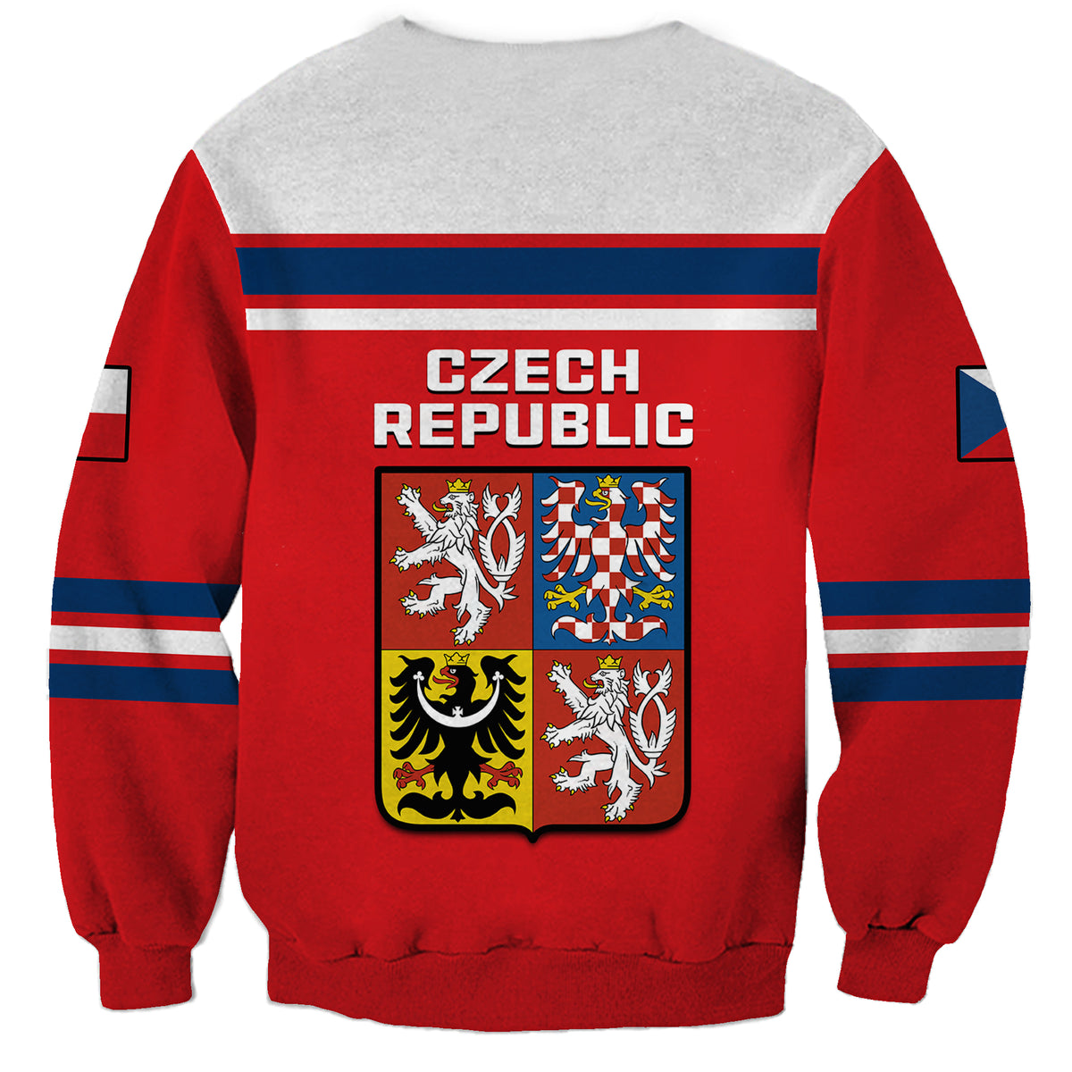 Red crewneck sweatshirt back with Czech Republic text, crest, and blue-white stripes