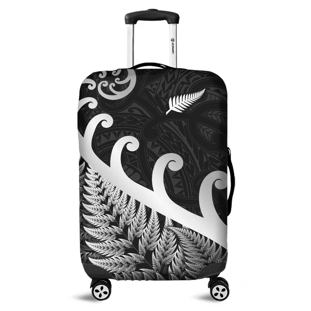 New Zealand Rugby Maori Luggage Cover Silver Fern Koru Vibes Black LT8 - Wonder Print Shop