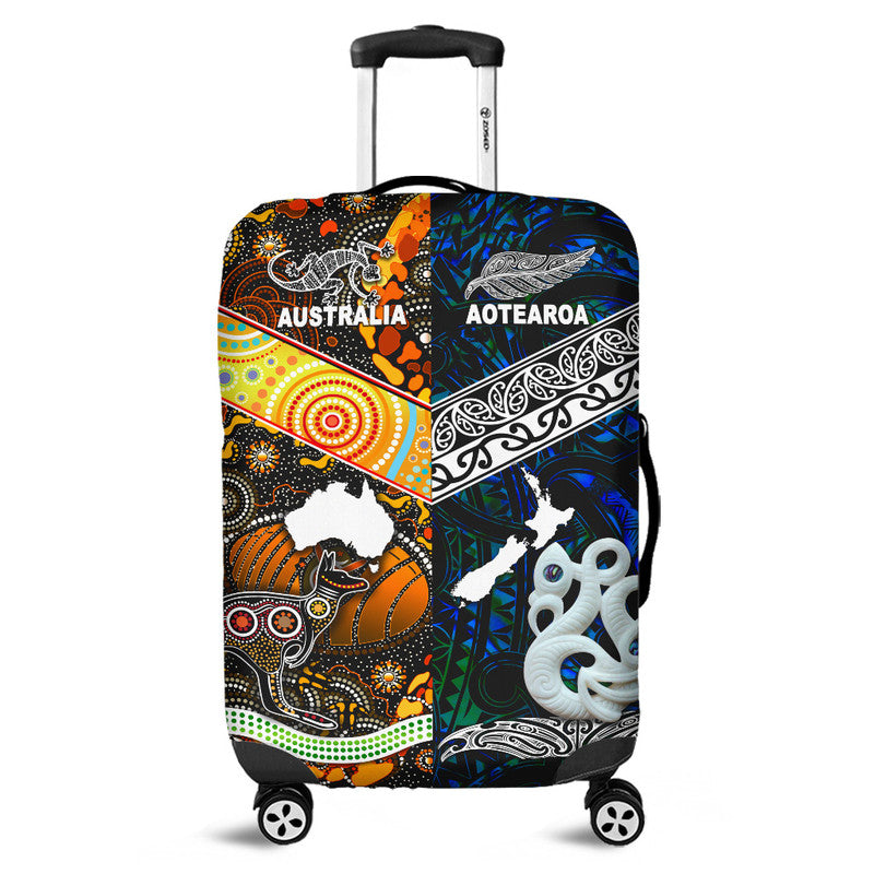 New Zealand Maori Aotearoa and Australia Aboriginal Luggage Cover Together Blue LT8 - Wonder Print Shop