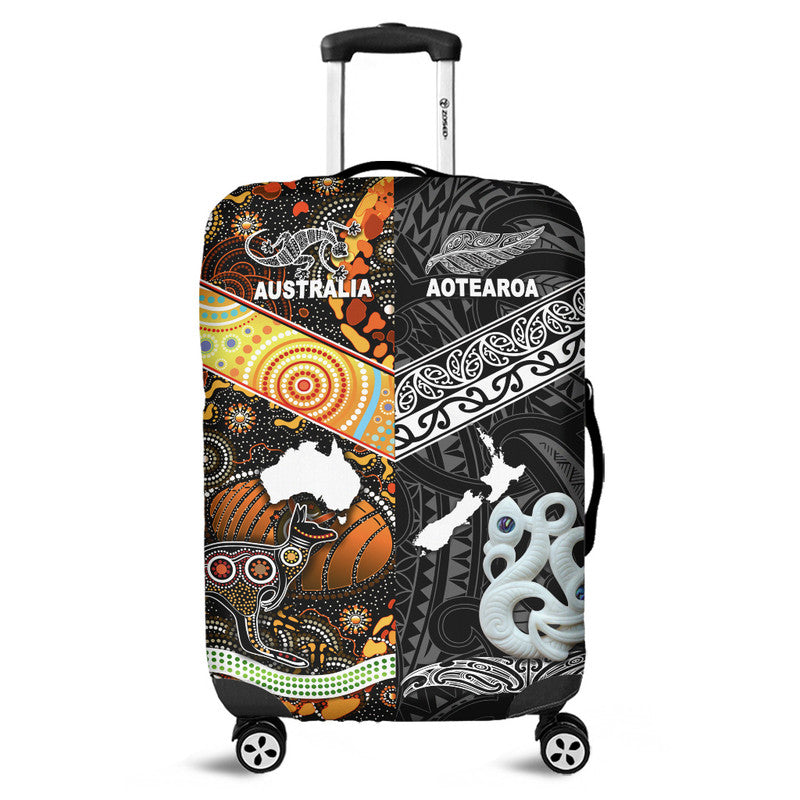 New Zealand Maori Aotearoa and Australia Aboriginal Luggage Cover Together Black LT8 - Wonder Print Shop